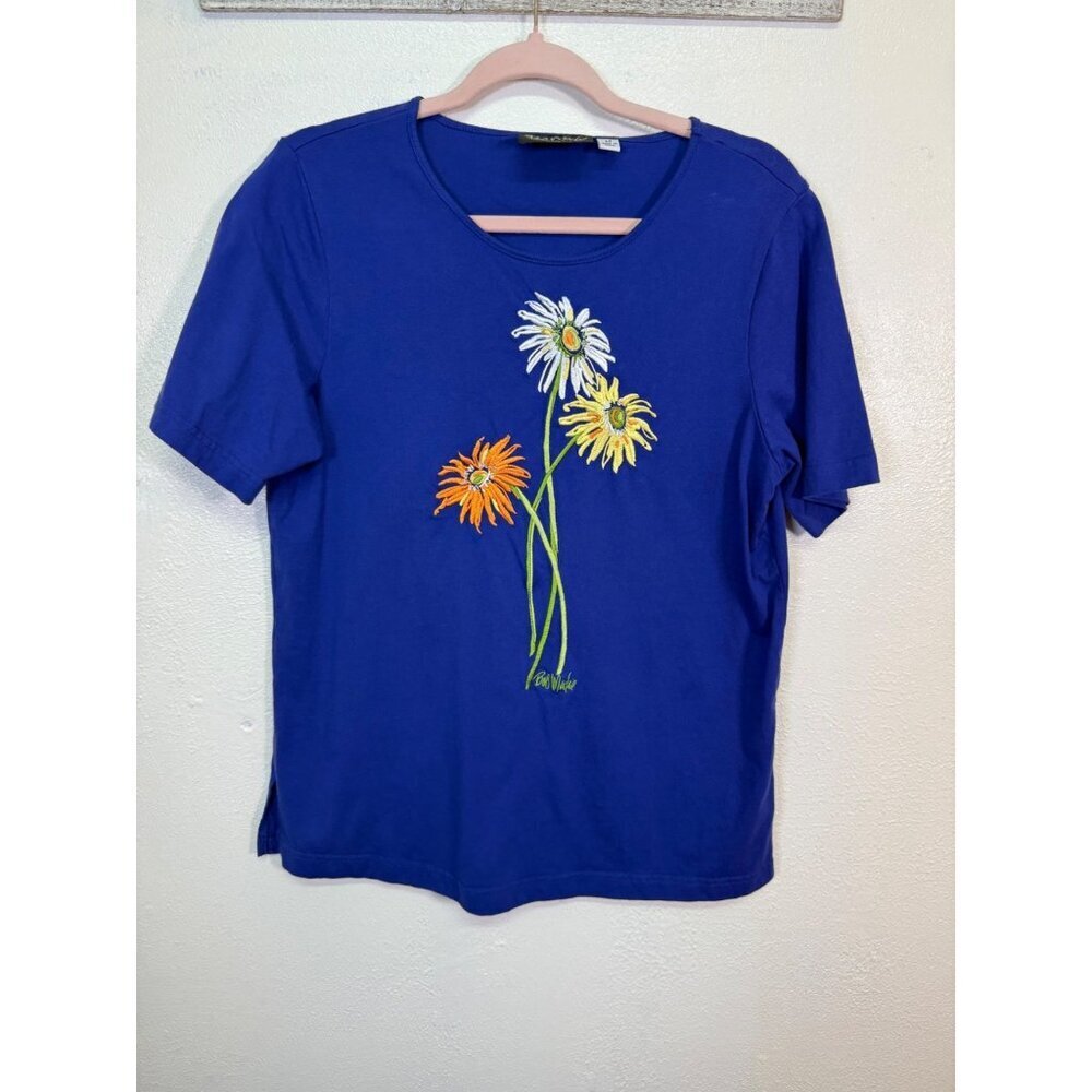 Bob Mackie 90s Wearable Art Women’s Blouse Medium Blue Embroidered Cottagecore